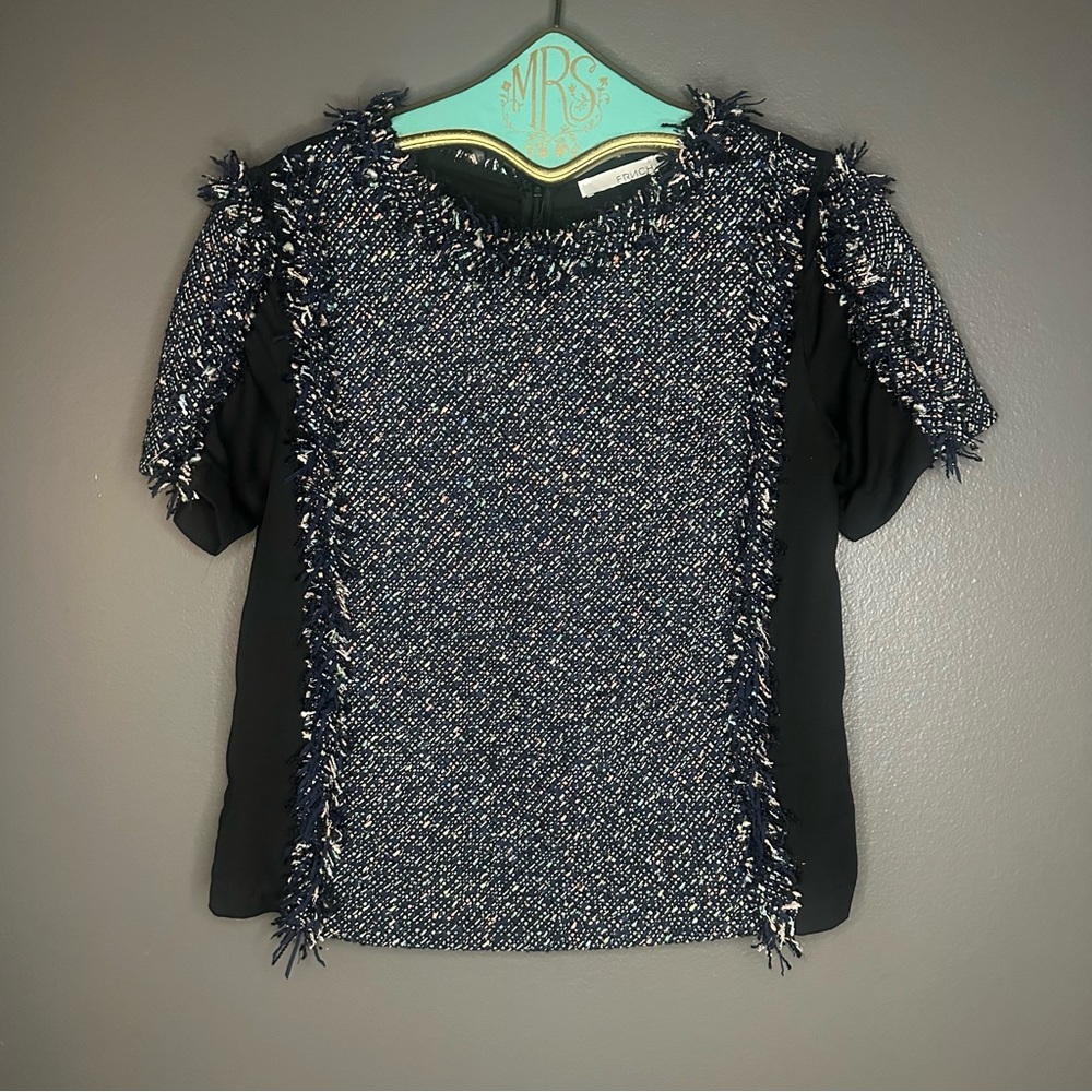 FRNCH Black and Blue Tweed Blouse